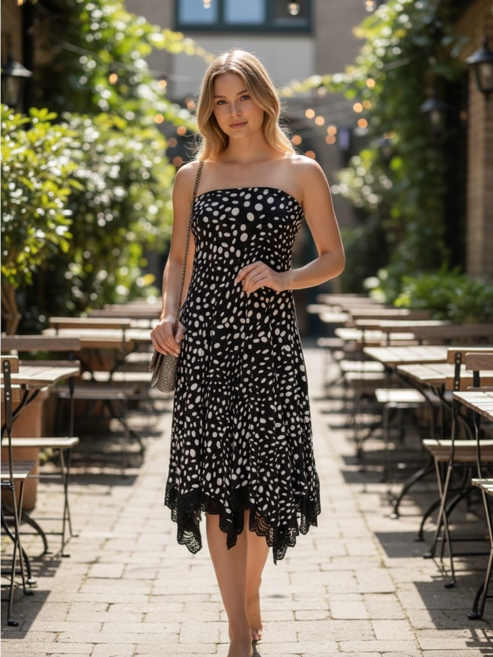 Joseph Ribkoff designer strapless dress lightweight jersey black white dots US6